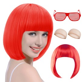 Women's Bob Wig, Carnival Wigs, Short Wig with Neon Glasses and Hair Net, Fancy Dress Wig for Carnival and Theme Party, red