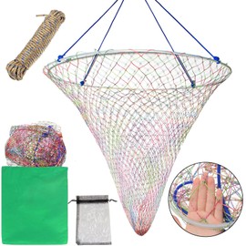 FREGITO Bridge and Pier Fishing Net Heavy-Duty Design for Big Fish Portable Fishing Cast Net with Rope, Coarse Soft Steel Hoop, Colourful Dual-Line Construction Drop Net/Rope/Storage Bag