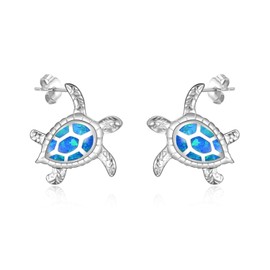 WINNICACA Sea Turtle Earrings Sterling Silver Turtle Jewelry Created Blue Opal Ocean Stud Earrings for Women Sea Turtle Gifts for Birthday
