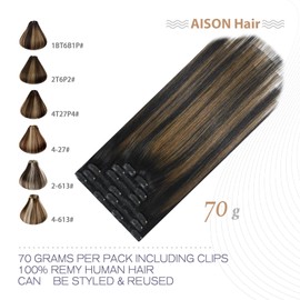 Aison Clip En Extensiones De Cabello Humano Real 70G 100% Remy Cabello Humano Suave Sedoso Recto 7 Unids 16 Clips Un Paquete 18 Pulgadas Negro Natural A Marrón Castaño