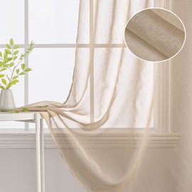 Woaboy Curtains with Ruffle Tape, Voile Curtains, Living Room, Transparent Sheer Curtains, Store Curtain, Bedroom, Modern Loop Curtains, Set of 2, 140 x 225 cm (W x H), Beige