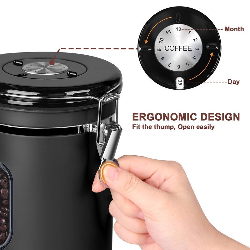 1500ML Airtight Coffee Canister with Date Tracker and Transparent Window,
