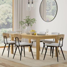 SIMPLIHOME Mavis Dining Chairs - Mid-Century Modern Iron Frame and Vegan Faux Leather Kitchen Chair Set in White, Dining Room Seating with Curved Wood Veneer Backrest and Padded Seat (Set of 2)