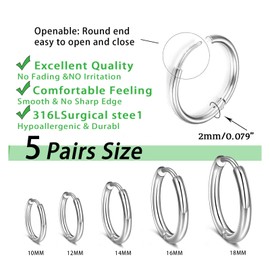Senteria 5 Pairs Small Silver Hoop Earrings Hypoallergenic 925 Silver Cubic Zirconia Huggie Cartilage Sleeper Earrings for Women Men 8/10/12/14/16 mm, Alloy Steel