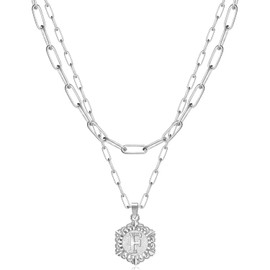 KissYan Initial Necklaces for Women, 14K Gold Plated Hexagon Letter Pendant Silver Chain Dainty Layered White Gold Paperclip Link Adjustable Capital A-Z Choker Necklace Trendy Jewelry Gifts