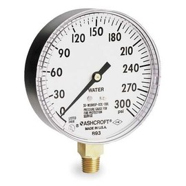 ASHCROFT Sprinkler System Pressure Gauge, 3-1/2 In., 0 to 300 psi, 1/4 In. NPT, Black ABS Plastic Case