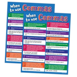 When to Use Commas Posters (2 Pack) - Laminated, 17 x 22 inches - Punctuation Charts - Language Arts / Grammar Posters for Elementary, Middle School, High School - English Classroom Decor