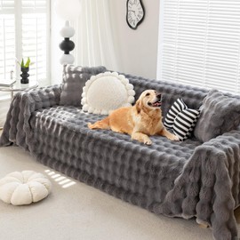 Foreate Fuzzy Plush Sofa Covers, Faux Fur Couch Cover for 3 Cushion Couch Sofa, Sectional Couch Cover, Warm L Shaped Sofa Slipcovers for Dogs, Cats (Dark Grey, 71" x 118")