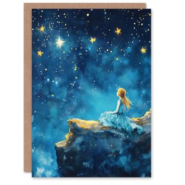 Artery8 Greeting Card Girl Wish Upon Star Starry Night Sky Painting For Child Kids Birthday Card