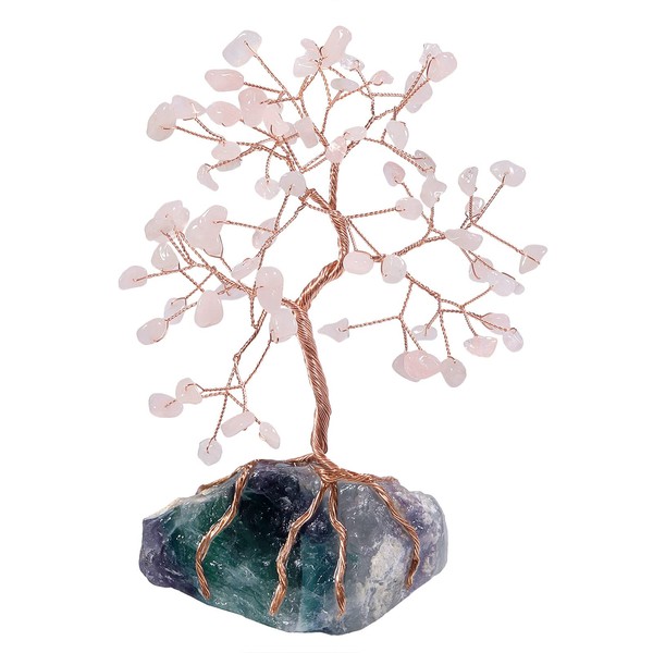 mookaitedecor Natural Rose Quartz Crystal Decor Tree with Raw Fluorite Stone Base Healing Feng Shui Money Tree Lucky Tree of Life Ornament for Home Office Height 6-7 Inch