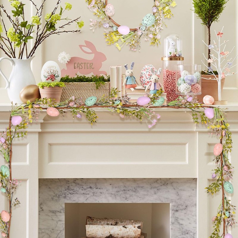6FT Lighted Easter Egg Garland with Spring Flowers, Long Artificial