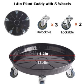 ARTLINE Round Plant Stand with Lockable Wheels, Heavy Duty for Indoor Outdoor, Large Rolling Dolly Planter Caddy on Casters to Carry Potted Flower Pot, Round Metal Tray NO Holes, Black