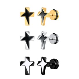 Yumilok 3 Pairs Mens Stud Earrings Stainless Steel Screw Earrings Barbell Set cross Earrings Star Earring