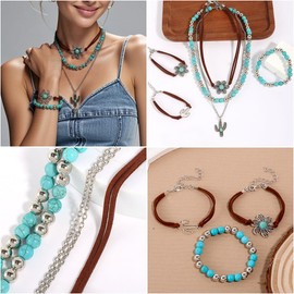IXNEOP 64 pieces Silver Bohemian Jewelry Sets with 6 pcs Turquoise Necklaces 7 pcs Bracelets 15 pairs Earrings 21 pcs Knuckle Rings Suitable for Daily life Gatherings Party Festivals and Travel
