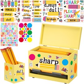 Mifoci 8 Pcs Wooden Pencil Dispenser Kit for Classroom Wooden Pen Holder Straw Dispenser Sharp and Dull Letter Stickers for Teachers Classroom Supplies Storage (Yellow)