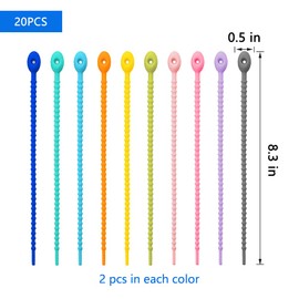 BIGEBO 20 PCS Colorful Silicone Cable Ties, Reusable Rubber Twist Tie Bag Clip Bread Tie Zip Ties Adjustable Cable Cord Wraps Management Organizer