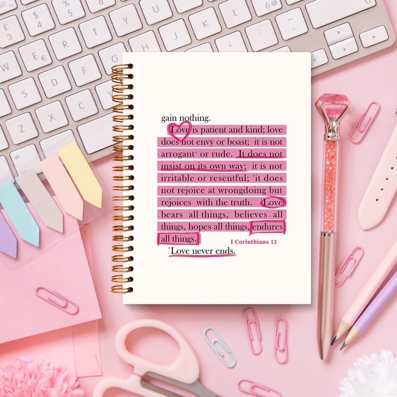 JXREQ Pink Christian Notebook Journal, 1 Corinthians 13 Bible Journaling