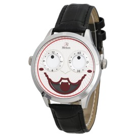 Blekon Collections Unisex 42mm Case Intricate Joker Face Genuine Leather Strap Watch (White/Silver)