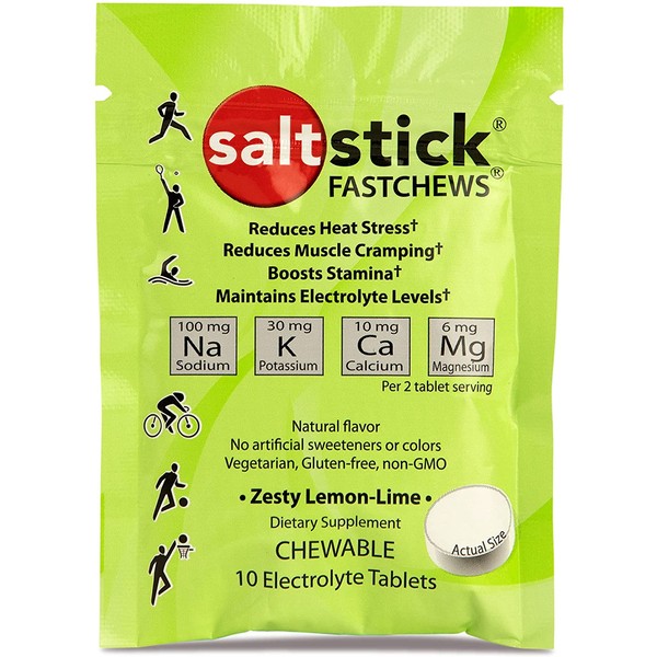 SaltStick Fastchews, Electrolyte Replacement Tablets for Rehydration, Exercise Recovery, Youth & Adult Athletes, Hiking, Hangovers, & Sports Recovery, 12 Packets of 10 Tablets, Lemon-Lime Flavor