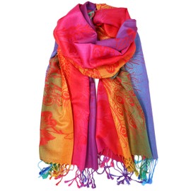 Colorful Elephant Peacock Feather Pashmina Scarf Shawl Wrap (Red Peacock)