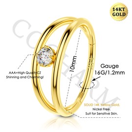 COCHARM 14k Solid Gold 16g Helix Earrings Hinged Daith Earring 16 Gauge CZ Conch Hoop for Women 8mm 10mm 12mm, Metal, cubic-zirconia,