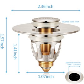 QYHNYJF Bathroom Sink Stoppers Brushed Nickel – Pop Up Drain Stopper & Strainer, 2-in-1 Universal Sink Stopper for 1.1" to 1.5" Bathroom Sink Drain Pipes, Brushed Nickel Finish