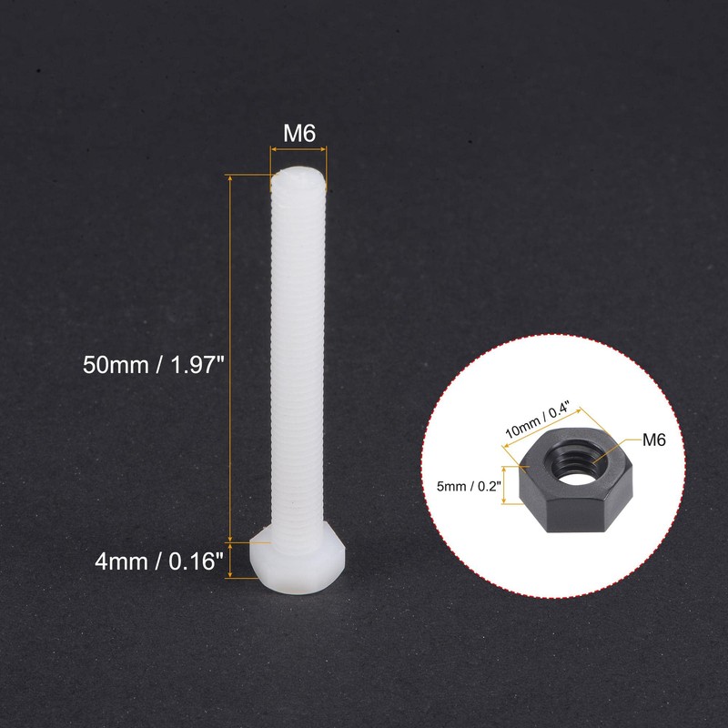 sourcing map Nylon Hex Head Screw and Nut Assortment M6x50mm