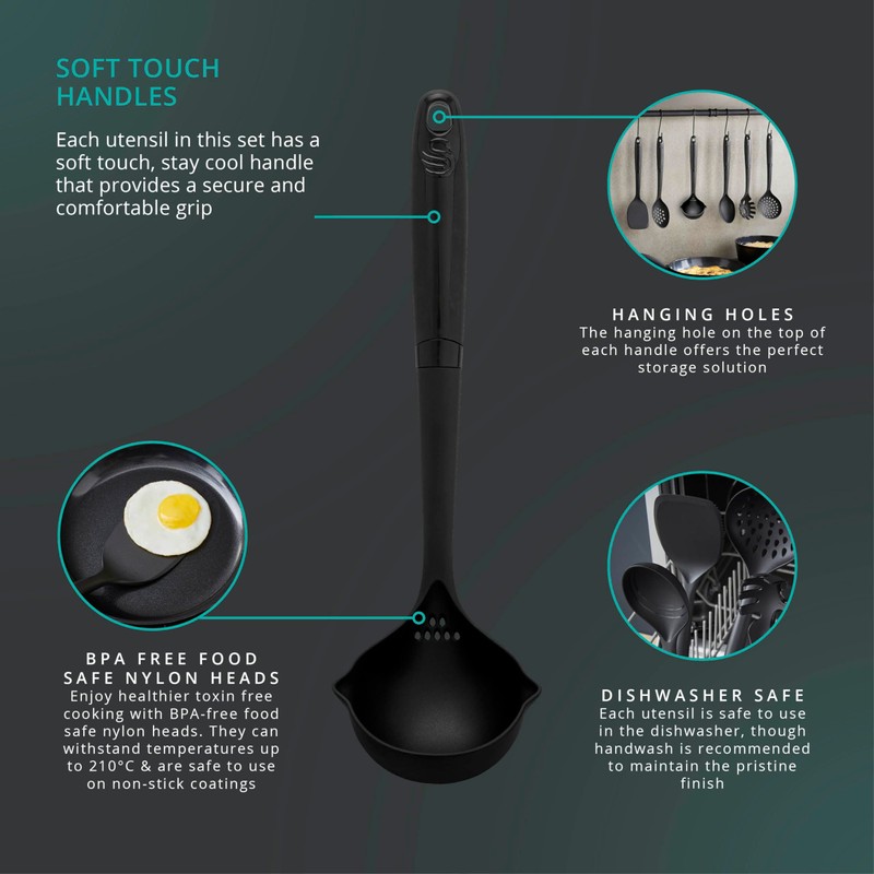 Swan SWKA61011BLKN Stealth 6 Piece Kitchen Tool Set, Spaghetti Server,