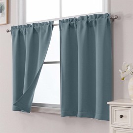 WelvetBLK Stone Blue Cafe Blackout Curtains Tier 36 Inch Length 2 Panels, Soft Solid Thermal Insulated Room Darkening Small Kitchen Window Curtains Over Sink for Bathroom, Stone Blue, Each 30" Wx36 L