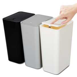 N. NETDOT 3 Pack 10L/2.6 Gal Bathroom Trash Can with Lid, Bathroom Trash Bin with Press Lid, Small Trash Can/Slim Garbage Cans/Waste Basket for Bathroom,Kitchen,Office,Bedroom - Black,Gray,Off White