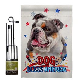 Breeze Decor Patriotic Merle Bulldog Garden Flag Set with Stand Animals Dog Puppy Spoiled Paw Canine Fur Pet Nature Farm Animal Creature Small Decorative Gift Yard House Banner Made in USA 13 X 18.5