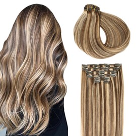 SURNEL Clip in Hair Extensions Human Human Color 4 Medium Brown to Highlighted 27 Caramel Blonde Clip in Real Hair Extensions 20 inch 120 Gram 6 Pcs Long Soft Skin Weft Handmade (C#4P27, 20'')