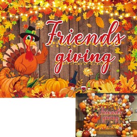 Friendsgiving Banner Backdrop Fall Pumpkin Turkey Friends Thanksgiving Photography Backgound Happy Friendsgiving Party Decorations Supplies Photo Props (7x5FT)