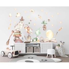 Enchanted Wizardry Wall Decals Set - Magical Owl, Wand, and Potions, Reusable Peel-and-Stick Fabric Art for Kids' Room, Playroom, and School of Magic Décor