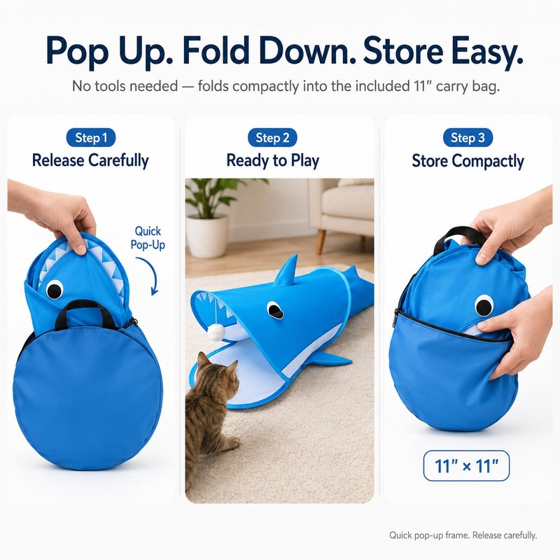 LUCKITTY Blue Shark Cat Tunnel Toy, Collapsible Pop-Up Cat Play