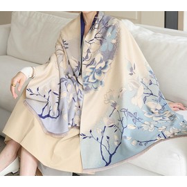 GFM® Women's Magnolia Flowers Cashmere Texture Pashmina Style Scarf Shawl for Autumn, Winter, Christmas (FRLSHL-HH) (Magnolia-Light Blue)(MAGSHL-HLNL)