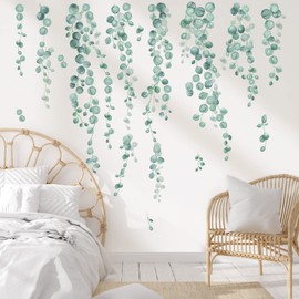 decalmile Hanging Vines Wall Decals String of Pearls Green Eucalyptus Leaves Plants Wall Stickers Living Room Bedroom Wall Decor