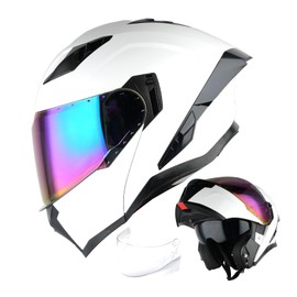 1Storm Motorcycle Modular Flip up Dual Visor Helmet Street Bike Sun Shield Full Face KT928: Glossy White + One Extra Clear Shield