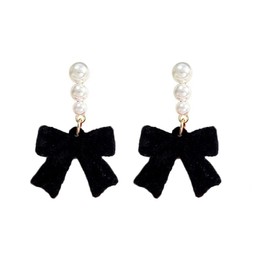 Christmas Earrings for Women,Christmas Red Bow Earrings Bow Pearl Dangle Drop Earrings Trendy Festive Holiday Earrings Jewelry (Black)