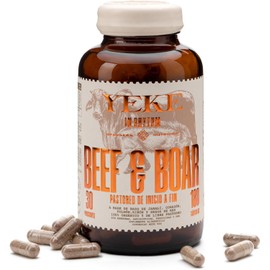 YEKE Beef & Boar - Mezcla Integral A Base de Órganos Clave De Res Y Jabalí - 100% Orgánico Y De Libre Pastoreo - Con Vitaminas C y D, Omega-3, CoQ10, Taurina, Creatina Y Complejo B - 180 Cápsulas - Sin OGM Y Alta Biodisponibilidad