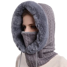 Women Men Unisex Winter Knitted Balaclava Hat Thickened Beanie Cap Neck Warmer Scarf Set with Warm Mask Grey