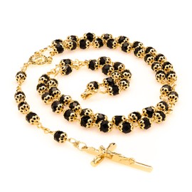 LIFETIME JEWELRY Gold Rosary Crucifix Necklace with Black Crystal Prayer Beads 24K Real Gold Plated