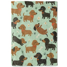 coedoaes Cute Dachshund Dog Fleece Blanket,50x60in,Playful Wiener Dogs Glasses Bones Flower Mint Green Throw Blankets,Soft Cozy Lightweight, Ideal for Bed Living Room Home Whimsical Pet Decor,Gifts