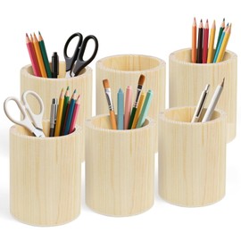 Kuabiz 6 Pack Wood Pen Holder Unfinished Wooden Pencil Holder Pine Wood Pen Holder Stand for Desk Office Supplies Makeup Brushes Organizer (Round)