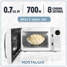Nostalgia Retro Microwave Oven 0.7 Cu Ft, 700-Watt Countertop Size with Glass Turntable, Child Safety Lock, 8 Auto-Cook Programs, Digital Clock, White
