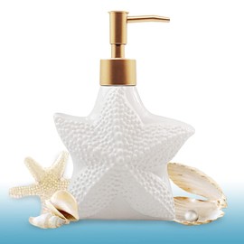 Starfish-shaped Soap Dispenser, White Ceramic Lotion Bottle with Noble Golden Matte Pump, Ocean Themed Décor for Kitchen Sink or Bathroom