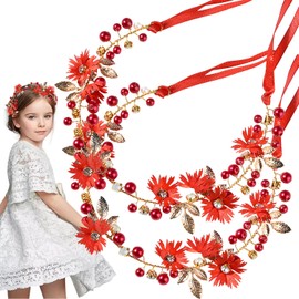 2 piezas de diadema con flores de margaritas rojas y perlas con diamantes de imitación, diadema de flores, corona floral para el cabello, tocado para novias, mujeres, niñas, fiesta de bodas h