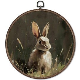 GWFSJYU Vintage Easter Bunny Framed Wall Art, Spring Bunny Rabbit Round Canvas Prints Wall Art, Bunny Gifts for Bunny Lovers, Rustic Cottagecore Wall Hanging Decor for Bedroom Living Room, 10x10 Inch