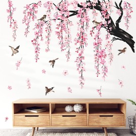 wondever Large Flower Tree Branch Wall Stickers Pink Cherry Blossom Floral Birds Wall Art Decals for Living Room Bedroom TV Wall (150cm*143cm)