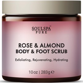 SOULSPA PURE Rose & Almond Body & Foot Scrub - Rejuvenating & Hydrating Exfoliating Body Scrub for Luxurious Skin Care – 10oz